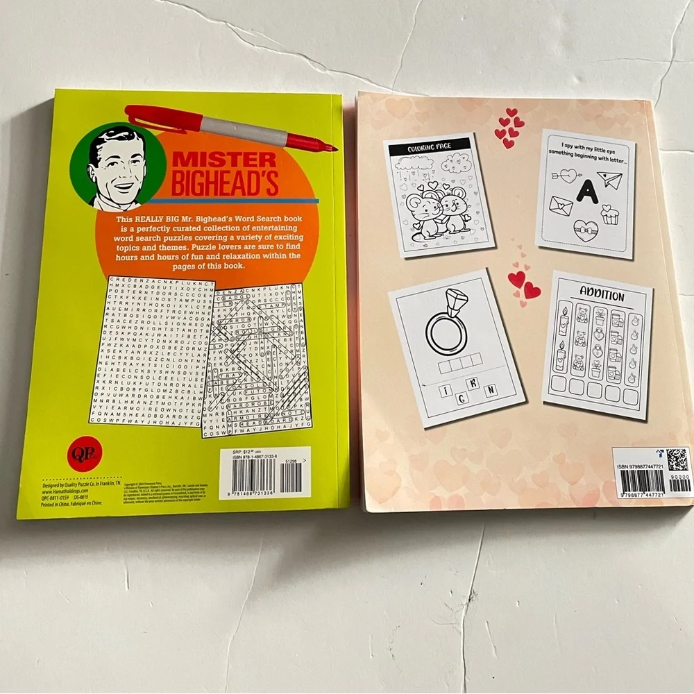 2 puzzle books: Mister Bighead's Word Search Vol. 6 and I Spy Valentines Day